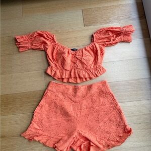 Coral Eyelet Crop Top and Shorts Set